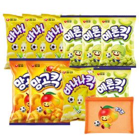 상품 이미지: 농심 킥시리즈 3종 (바나나킥 75g 4개+메론킥 60g 4개+망고킥 100g 2개) + 망고킥 파우치 증정