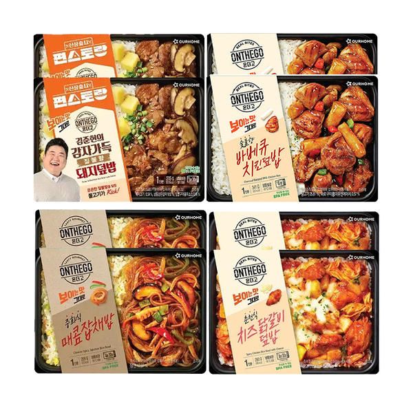 상품 이미지: 온더고 혼합8(매콤잡채밥2,바베큐치킨2,돼지덮밥2,치즈닭갈비2)