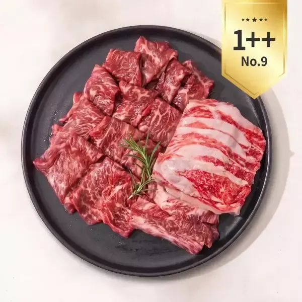 상품 이미지: 1++NO.9 등급 한우 구이모듬 600g (갈비살 로스모듬 400g + 차돌박이200g )