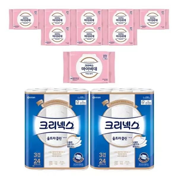 상품 이미지: 크리넥스 3겹 울트라클린 화이트, 25m, 24롤, 2개+마이비데 밸런스케어 캡, 40매, 9개