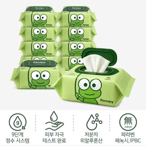 상품 이미지: 두꺼운 70평량 초순수 엠보싱 물티슈 대용량 72매 캡형 총 10팩, 9단계 정수 시스템, 피부 자극 테스트 완료, 저분자 히알루론산, 유새성분(파라벤, 페녹시, IPBC) 없음