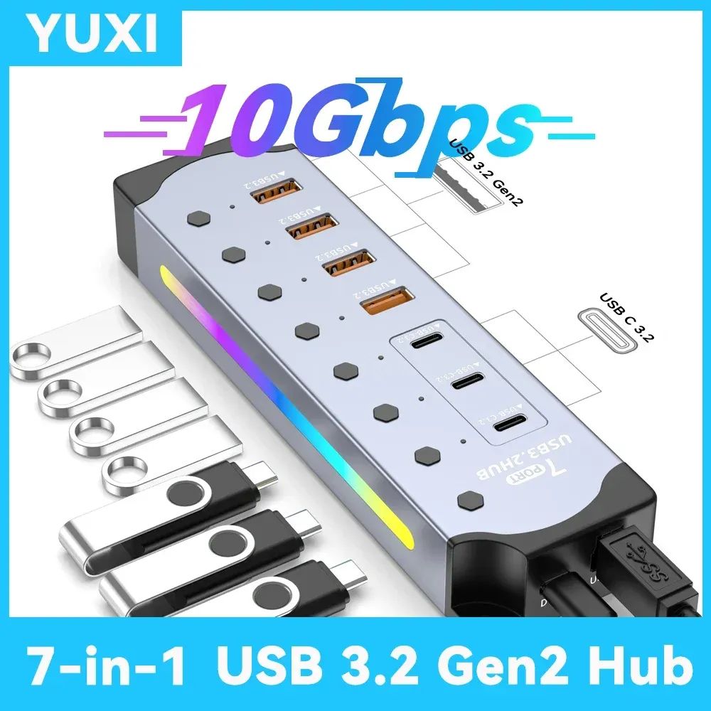 상품 이미지: 7 in 1 USB 3.2 Gen 2 허브 전원 공급 USB 3.2 스플리터 10Gbps USB A 타입 C 허브 개별 스위치 멀티포트 RGB 확장기 노트북 PC용