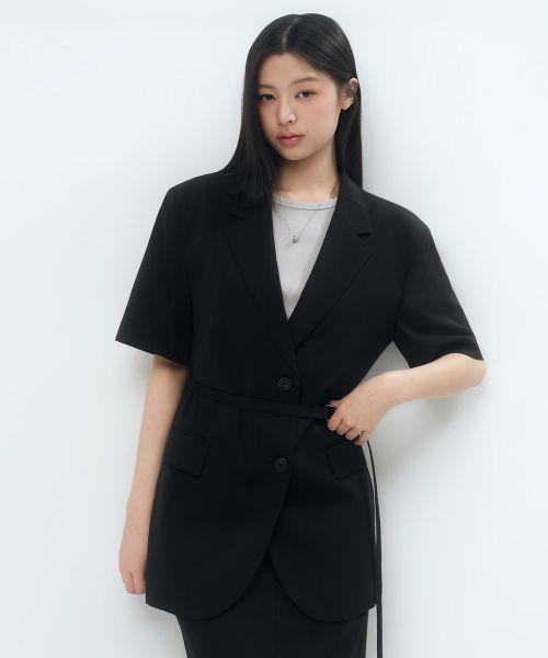 상품 이미지: 우먼즈 슬릭 벨티드 반소매 블레이저 [블랙]