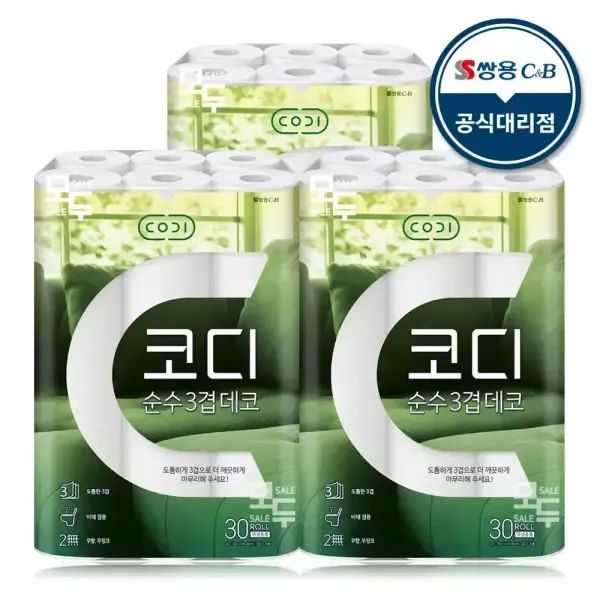 상품 이미지: 코디 순수 3겹 데코 30M 30롤x3팩 /화장지 두루마리 휴지