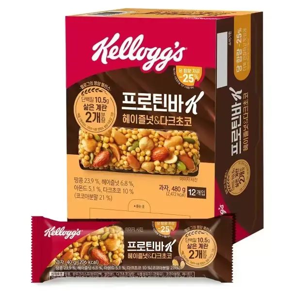 상품 이미지: 켈로그 프로틴바K 헤이즐넛 & 다크초코, 40g, 12개