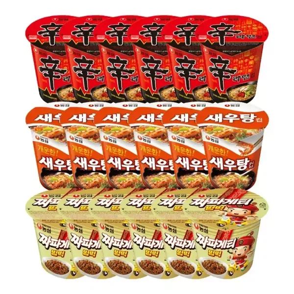 상품 이미지: 농심 신라면컵, 65g, 6개 + 짜파게티범벅, 70g, 6개 + 새우탕컵, 67g, 6개