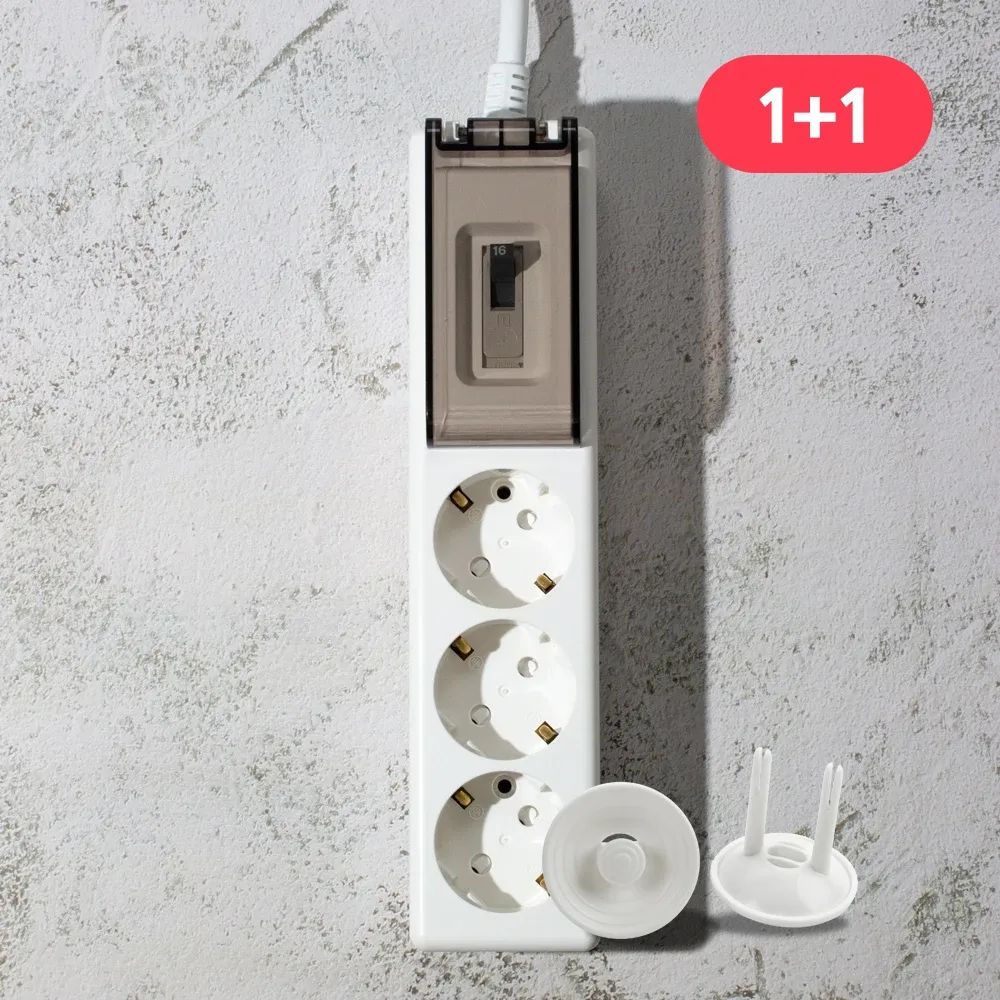 상품 이미지: 1+1 모노케어 고용량 멀티탭 3구 배선차단 화이트 (16A) + 안전커버 2P / 30cm 70cm 1.5m 3m 5m 10m 에어컨 히터 대형가전 전용