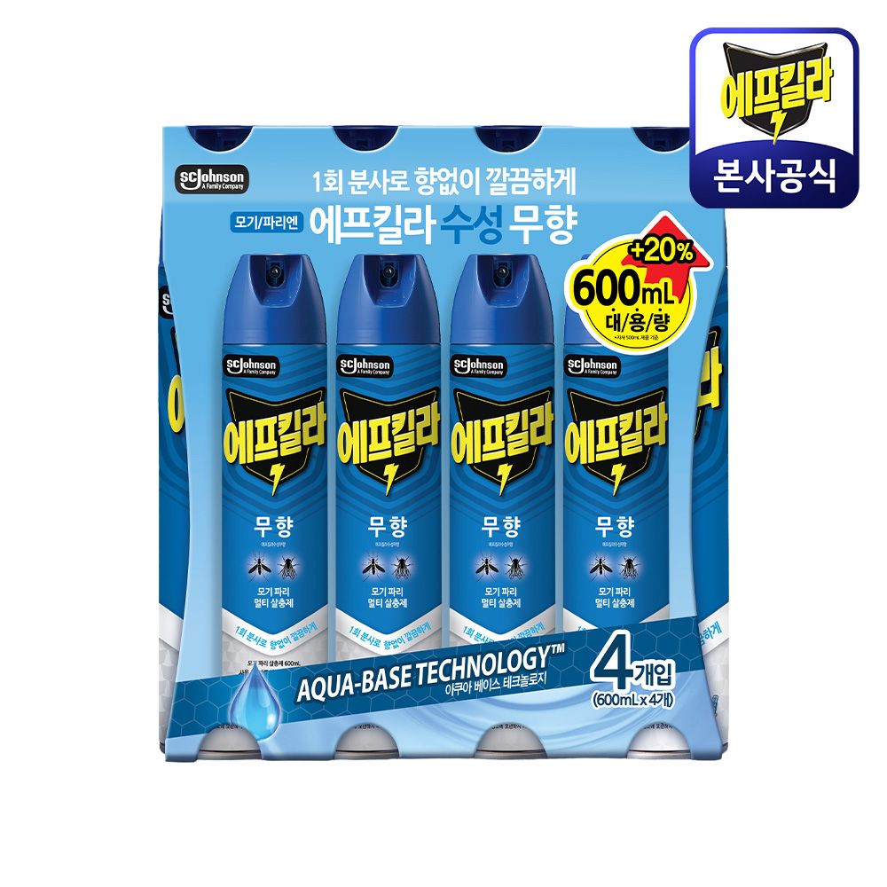 상품 이미지: 에프킬라 살충제 에어로졸 무향 수성 파리 모기 나방 퇴치제 뿌리는 모기약 600ml, 4개