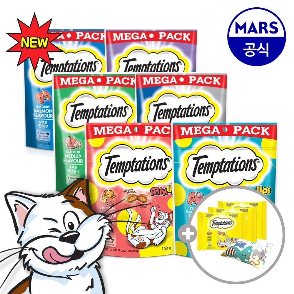 상품 이미지: 템테이션 메가팩 BEST 160gx6팩 (닭고기맛2+참치2+연어2)+캣닢쿠션+템테이션12gx3개