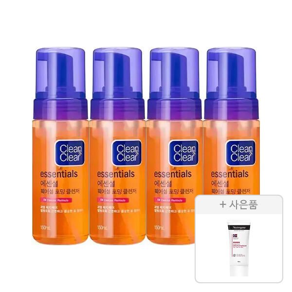 상품 이미지: 클린앤클리어 에센셜 훼이셜 포밍 클렌저 150ml, 4개+증정(뉴트로지나 인텐스 리페어 시카 에멀젼 88ml, 1개)