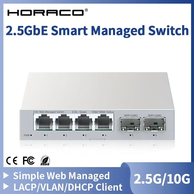 상품 이미지: HORACO 2.5GbE 스마트 관리형 스위치 4 포트 RJ45 2500Mbps 웹 관리형 이더넷 네트워크 스위치 2 포트 10G SFP+ 슬롯 홈 랩 스위치