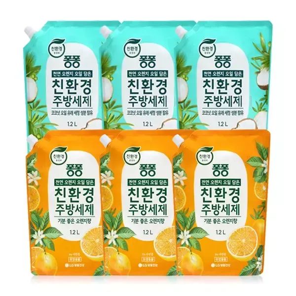 상품 이미지: 퐁퐁 친환경 주방세제 리필, 코코넛, 1.2L, 3개 + 오렌지, 3개