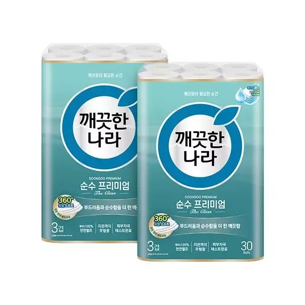 상품 이미지: 깨끗한나라 천연펄프 3겹 순수 프리미엄 더클래스, 30m, 30롤, 2개