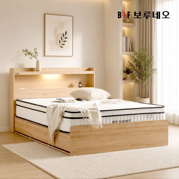 상품 이미지: 보루네오 (매트포함)100%국내제작 LED 수납 고급형 통서랍 SS Q 침대프레임+프리미엄 매트리스