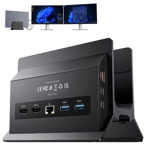 상품 이미지: PULWTOP 11-in-1 수직형 노트북 도킹 스테이션 (Windows 노트북용) 듀얼 4K HDMI 10Gbps USB-A/C 기가비트 이더넷 SD/TF 포함