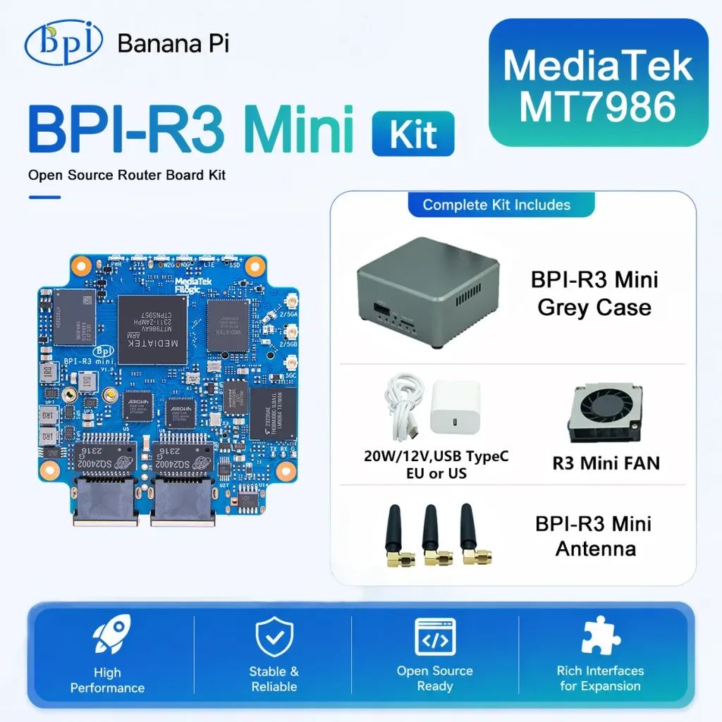 상품 이미지: 바나나 파이 BPI-R3 미니 라우터 보드 세트 케이스 안테나 MediaTek MT7986 ARM A53 2G DDR 8G eMMC Openwrt 미니 Pc 오픈 소스 라우터