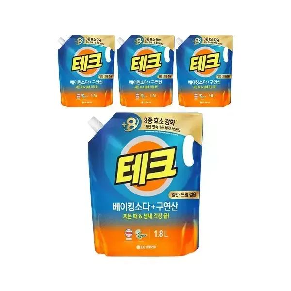 상품 이미지: 테크 베이킹+구연산 액체세제 일반 드럼 겸용 리필 1.8L, 4개