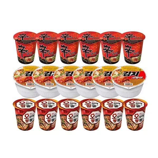 상품 이미지: 농심 신라면컵, 65g, 6개 + 김치사발면, 86g, 6개 + 오징어짬뽕컵, 67g, 6개