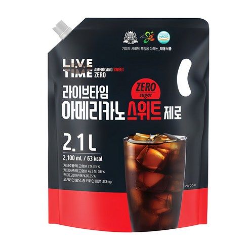 상품 이미지: 태웅식품본사 라이브타임 아메리카노 스위트 제로 '무설탕 제로칼로리 대용량 커피 음료' '무설탕인데도 달콤한 제로 칼로리 커피의 정석' '대용량팩으로 홈카페 10잔!'', 2.1L, 1개