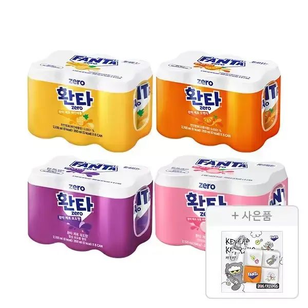 상품 이미지: 환타 제로 파인 350ml+제로 오렌지 350ml+제로 포도 350ml+제로 상큼피치 350ml 각 6개 (총 24개)+증정(조앤프렌즈 키캡키링, 1개)