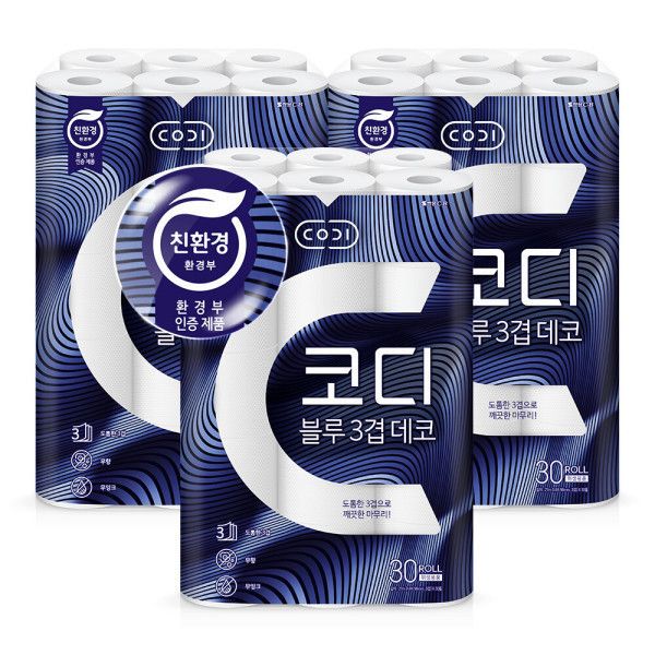 상품 이미지: 블루 3겹 데코 화장지 27m 30롤 3팩 휴지