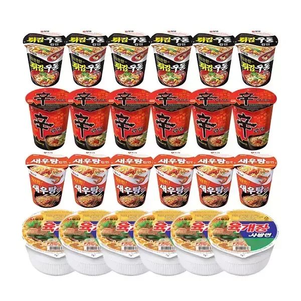 상품 이미지: 농심 신라면컵, 65g, 6개입 + 튀김우동컵, 62g, 6개입 + 새우탕컵, 67g, 6개입 + 육개장사발면, 86g, 6개입, 1개