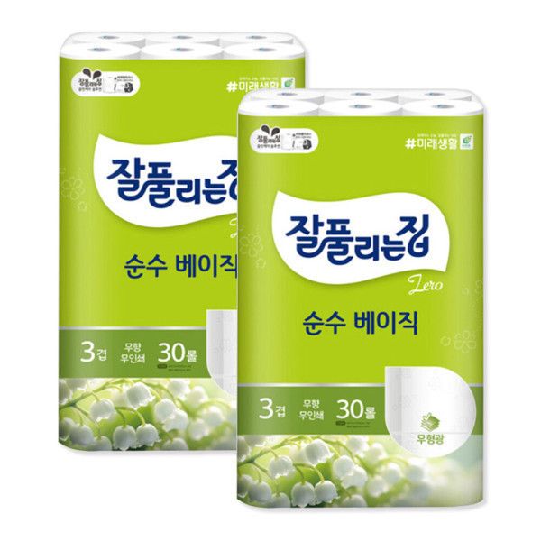 상품 이미지: 미래생활 잘풀리는집 순수베이직 3겹 27m 30롤X2개(60롤) 휴지 화장지 무형광 무색 무향