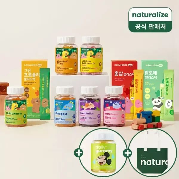 상품 이미지: [내일도착]네추럴라이즈 키즈 비타민 꾸미 10종 (멀티/철분/유산균/오메가3 외) 2박스 선택 + 디즈니 멀티 구미 +리유저블백