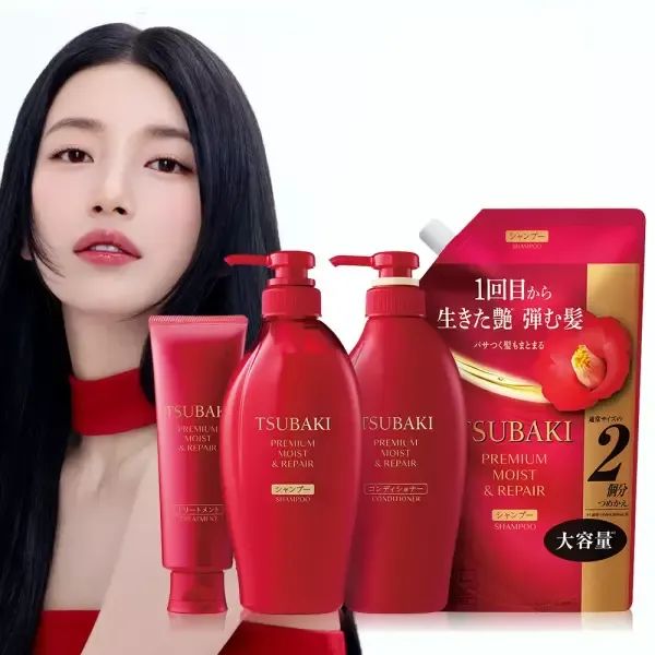 상품 이미지: 츠바키 프리미엄 모이스트 앤 리페어 3종 세트 + 샴푸 리필 600ml + 츠바키 샤쉐 4매