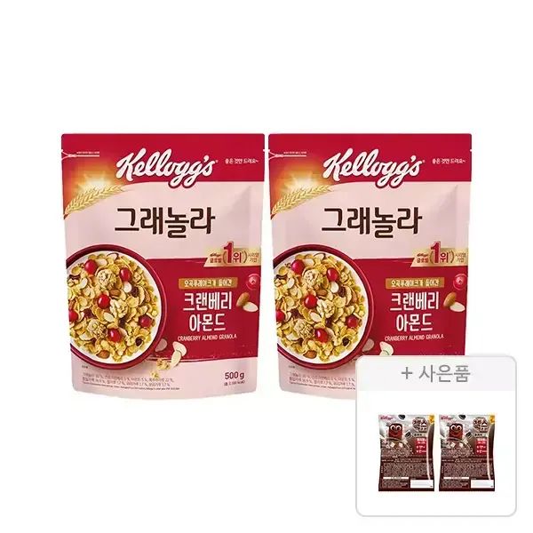 상품 이미지: 켈로그 크랜베리 아몬드 그래놀라 500g, 2개+증정(첵스초코 쿠키앤크림 30g, 2개)