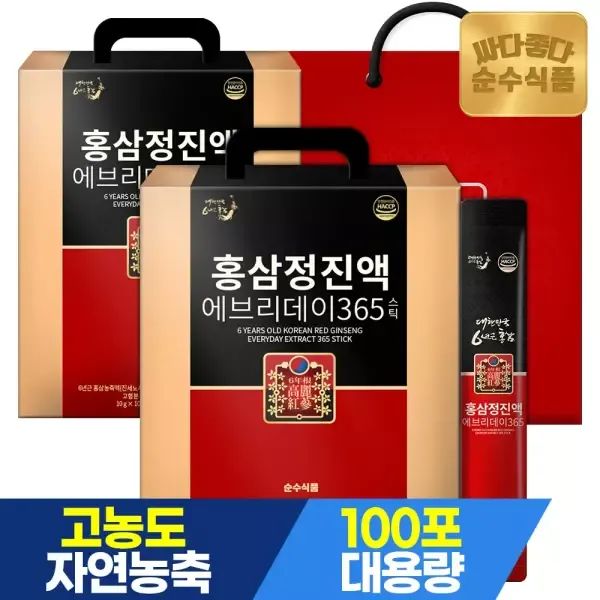 상품 이미지: [쇼핑백추가]순수식품 6년근 홍삼 스틱 2박스(200포) 홍삼정진액 에브리데이 365