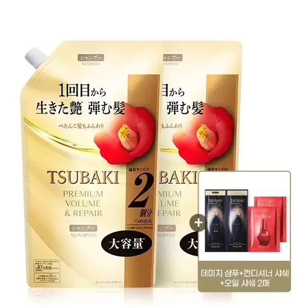 상품 이미지: 츠바키 프리미엄 볼륨 앤 리페어 샴푸 리필 600ml 2개 + 츠바키 샤쉐 4매