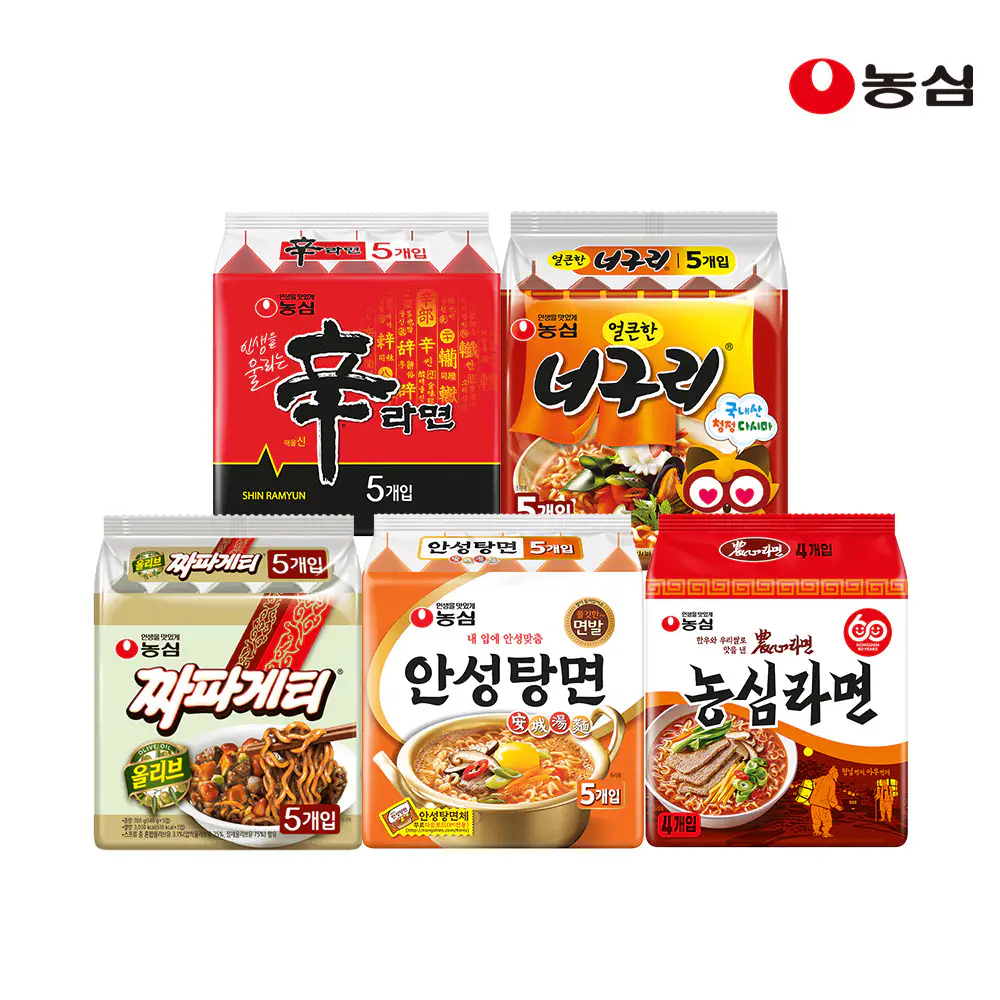상품 이미지: 신라면 + 안성탕면 + 얼큰한너구리 + 짜파게티 각 5입 + 농심라면 4입
