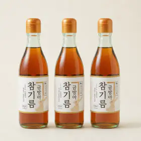 상품 이미지: 순수본가 통참깨 100% 참기름 350ml x 3개/ 1병 4633원 역대급특가/ 한번만 짜낸 깨끗하고 고소한 참기름
