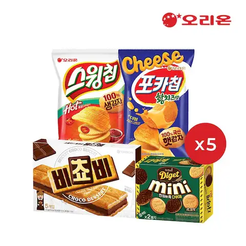 상품 이미지: 포카칩 황치즈 5개 + 스윙칩볶음고추장 5개 + 비쵸비5개 + 다이제미니초코 5개