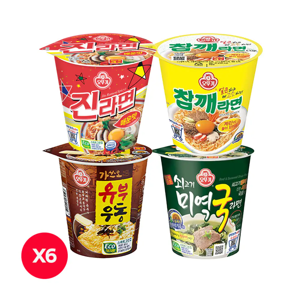 상품 이미지: 오뚜기 실쏙세트 진라면 매운맛 컵 65g 6개+쇠고기 미역국 라면 컵 60g 6개+참깨라면 컵 65g 6개+유부우동 컵 62g 6개