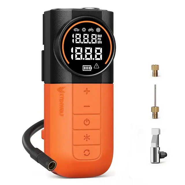 상품 이미지: 에텐울프 타이어 공기압 주입기 휴대용 무선 올인원 세트 5200mAh 타이어 압력 모니터링 LED손전등 보조배터리 다용도에어펌프