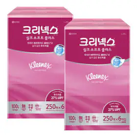 상품 이미지: 크리넥스 실크소프트 250매 6입 2팩 총 12개 천연펄프 미용티슈 각티슈 곽티슈 (특가)