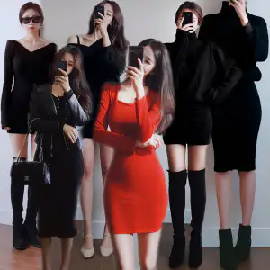 상품 이미지: 가을 겨울원피스 긴팔원피스 니트원피스 홀복 모직 면 원피스 섹시원피스 폴라원피스 미니원피스 롱원피스