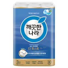 상품 이미지: 깨끗한나라 순수 프리미엄 더 퍼스트 천연펄프 3겹 고급롤화장지, 30m, 30개입, 1개