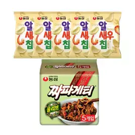 상품 이미지: 농심 올리브 짜파게티 140g, 5입(멀티), 1개 + 알새우칩 68g, 5개