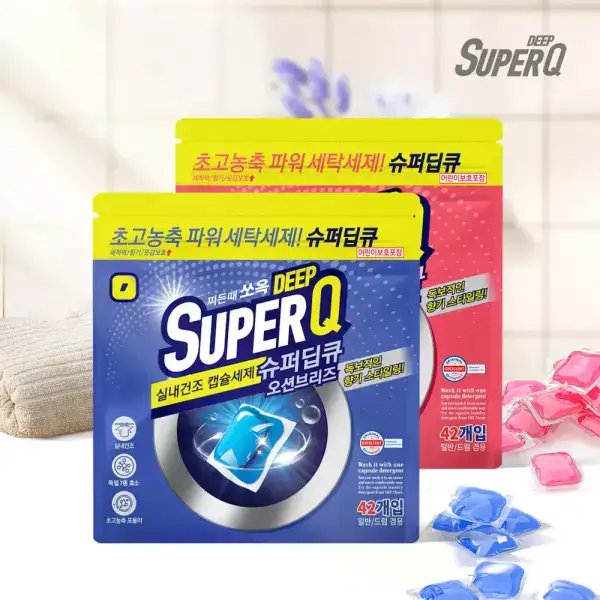 상품 이미지: 슈퍼딥큐 오션브리즈 42개입+플라워코튼 42개입 대용량 캡슐세제 고농축 실내건조 드럼 일반 겸용