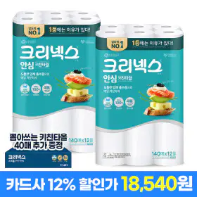 상품 이미지: 크리넥스 안심 키친타월 140매 12롤 2팩 키친타올 +뽑아쓰는 키친타월 40매 증정
