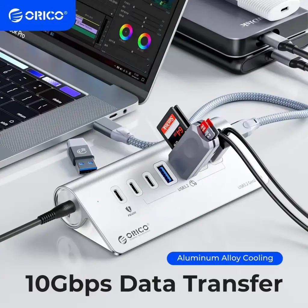 상품 이미지: ORICO USB 허브 5Gbps 10Gbps USB 3.2 유형 C PD 60W 충전 액세서리 EU 전원 어댑터가있는 PC 노트북 Macbook 용 분배기
