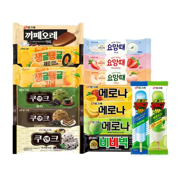 상품 이미지: [20+20] 빙그레 바 20 + 20 골라담기 / 메로나 바나나 망고 / 비비빅 / 쿠앤크 말차 티라미수 / 카페오레 / 요맘때 / 생귤탱귤 제로 / 캔디바 메론소다