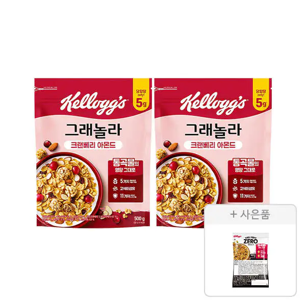 상품 이미지: 켈로그 크랜베리 아몬드 그래놀라 500g, 2개+증정(프로틴 그래놀라 제로슈거 40g, 1개)
