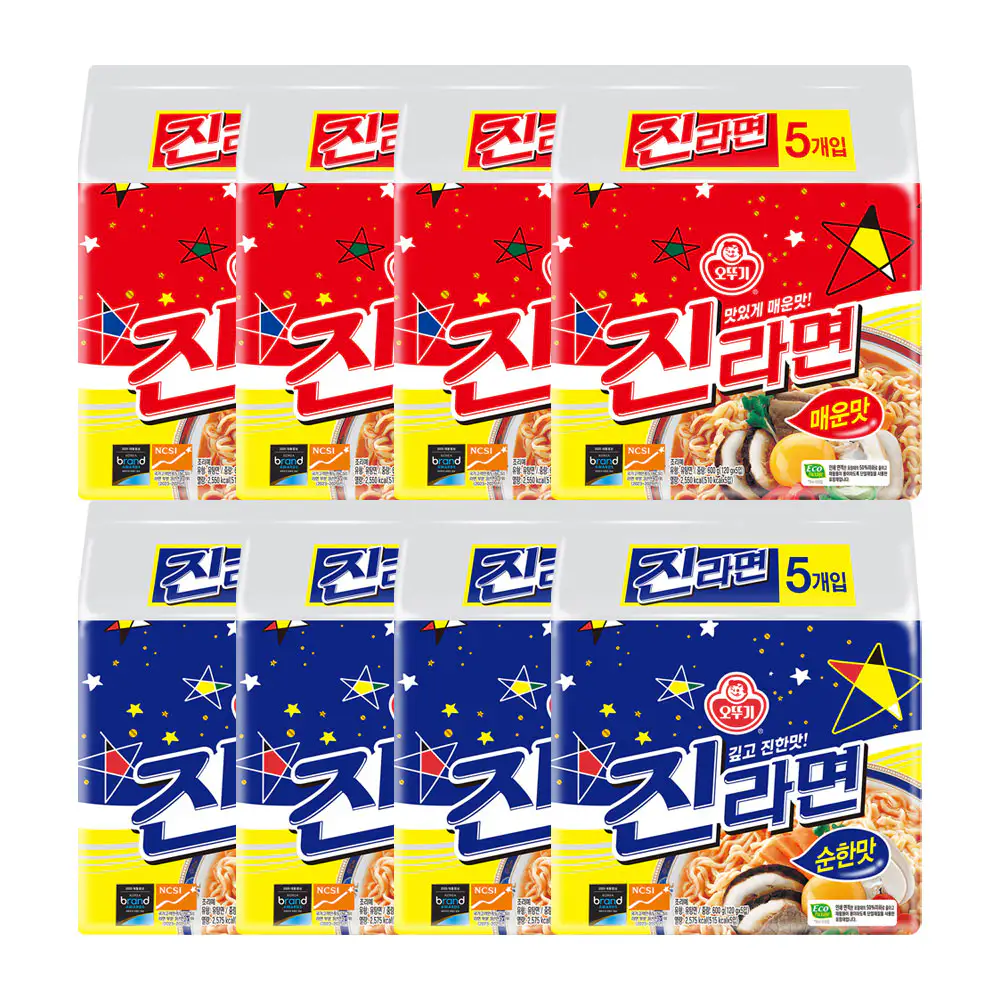 상품 이미지: 오뚜기 진라면 매운맛/순한맛/약간매운맛/진비빔면/스낵면/열라면/오동통면/김치라면/짜슐랭/참깨라면 총 8개