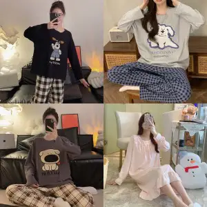 상품 이미지: 여성용 프리티 홈웨어 잠옷 원피스 상하의세트 데일리 사계절 파자마 긴팔 극세사 학생 성인