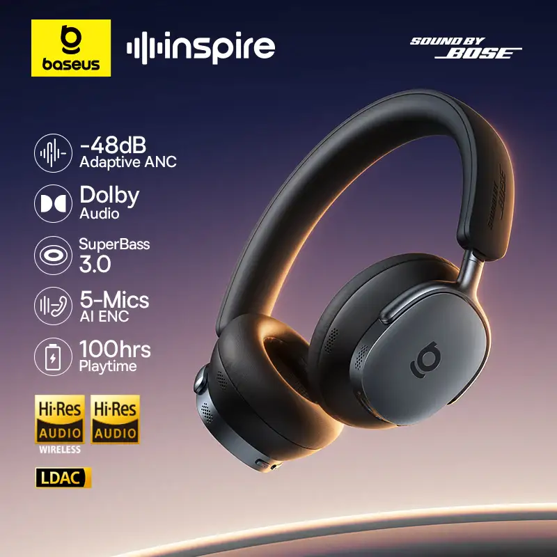 상품 이미지: Baseus Inspire XH1 Sound by Bose ANC 무선 헤드폰 블루투스 6.1 48dB 적응형 소음 제거 헤드셋 고해상도 LDAC 100Hr