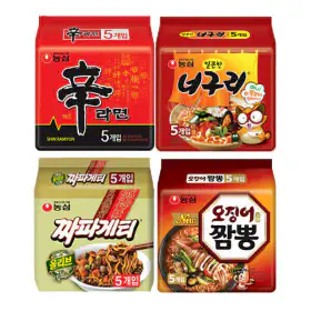 상품 이미지: 신라면 5봉 + 너구리 5봉 + 짜파게티 5봉 + 오징어짬뽕 5봉 (총 20봉)